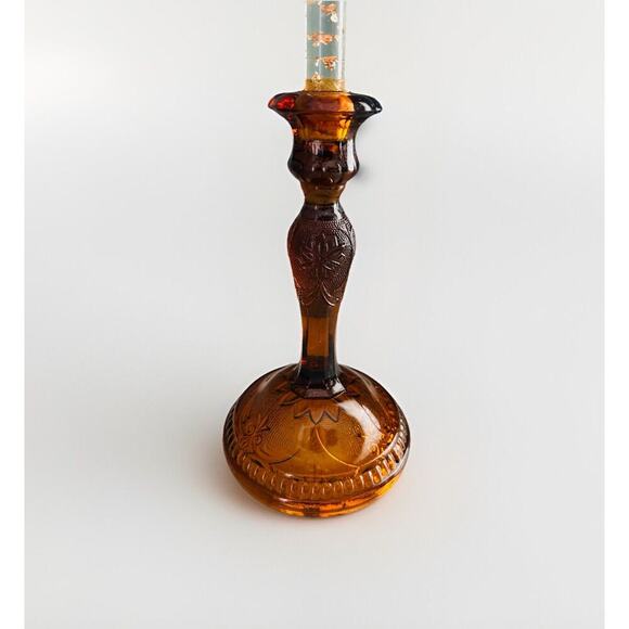 Vintage 8.5” T Tierra Amber Brown Press Cut Glass Candlestick Holder Home Decor - Picture 1 of 16